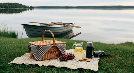 Charming summer picnic by a calm lake, featuring a gingham cloth, wicker hamper, grapes, cookies, a pitcher of lemonade, and a vintage camera. Nearby sits a rustic rowboat. 
