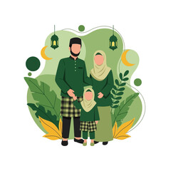 A loving Muslim family in traditional Malay clothing stands together amidst festive lanterns and crescent moons.