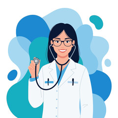 Fototapeta premium An illustration of a friendly female doctor in a white coat and glasses holding a stethoscope and smiling.