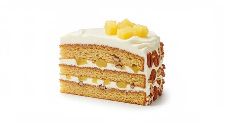 slice of hummingbird cake with pineapple and pecan layers isolated on white background for dessert and bakery themed designs
