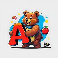 Playful ABC Learning 2D Vector Illustration: Cartoon Bear Holding Letter 'A' with Apple, Ant. Children's Book, School Poster, or Educational App Design. Bright Colors.