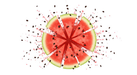 Sliced Watermelon Exploding Against A Black Background Showcasing Red Fruit And Black Seeds
