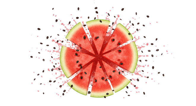 Sliced Watermelon Exploding Against A Black Background Showcasing Red Fruit And Black Seeds