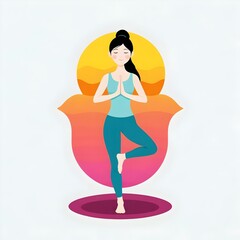 Minimalist Yoga Silhouette 2D Vector: Tree Pose with Gradient Sunset Fill. Meditation, Wellness Brand, or Fitness App Design. Serene, Flat Style for Commercial Use.