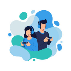 A young man and woman wearing headsets with microphones play video games together with controllers.