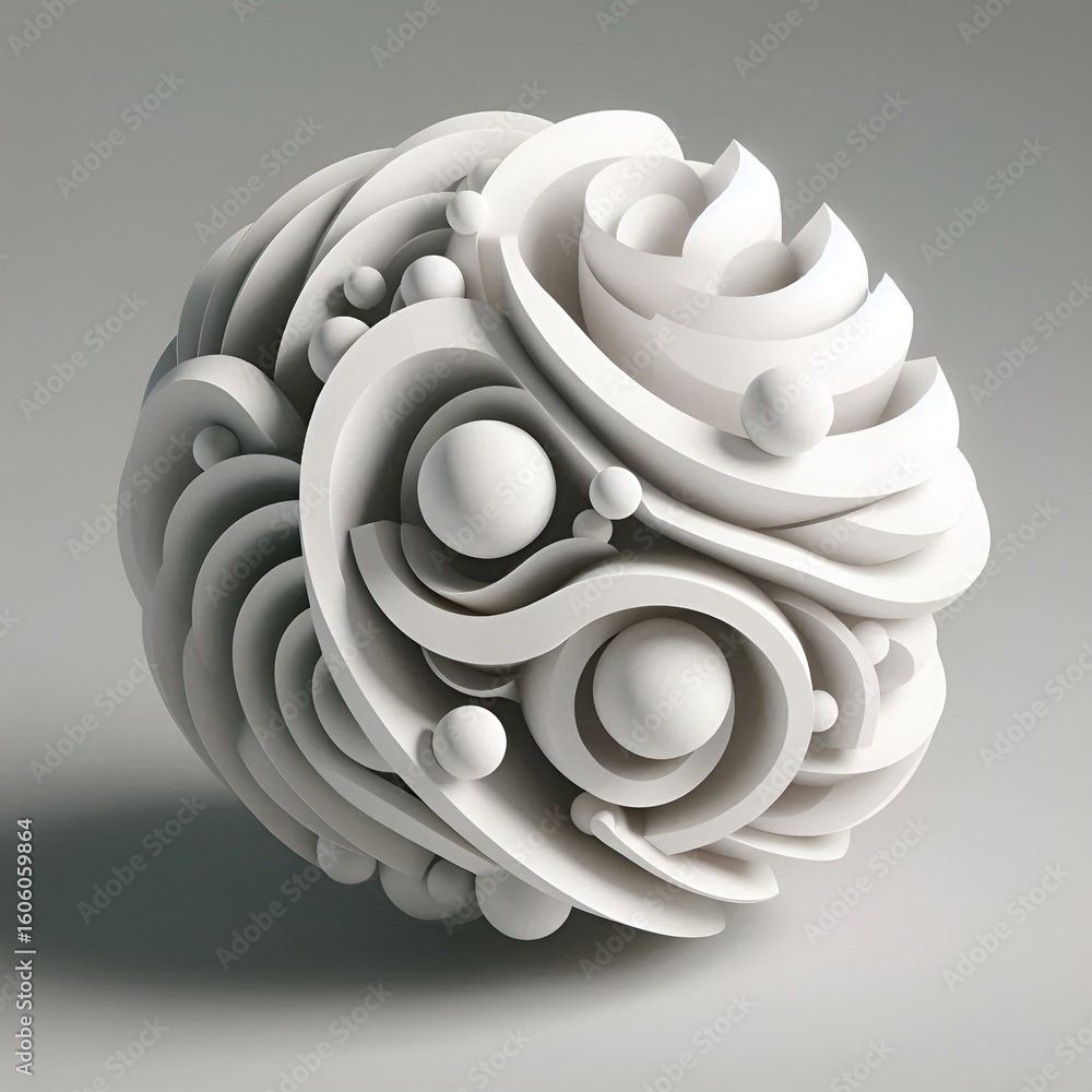 Poster abstract white sculpted sphere with swirling patterns and smooth, rounded forms in a studio setting.