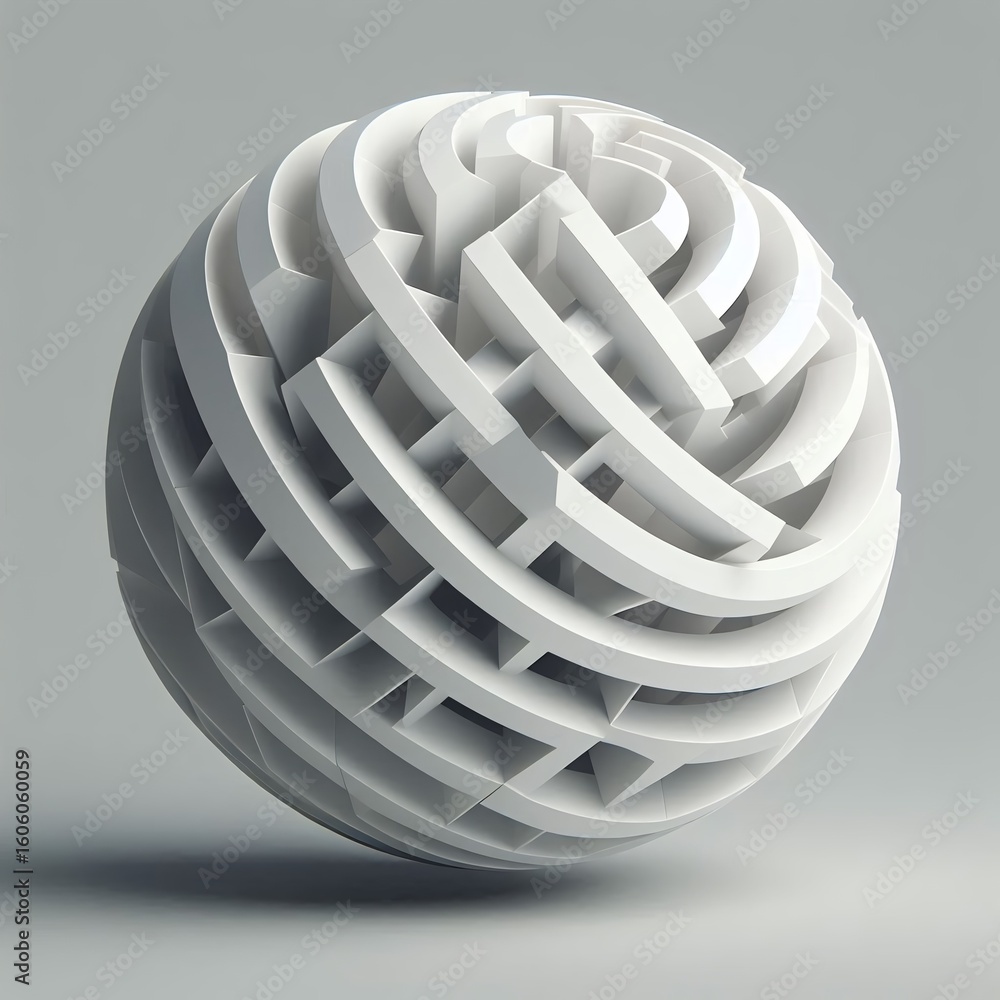 Poster abstract sphere with intricate geometric patterns, a conceptual maze in a clean, modern design.