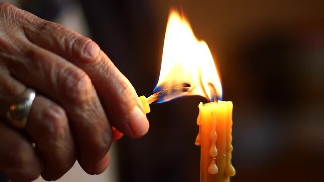 An older hand lights a wax candle with a burning match; bright flame atop the candle contrasts with dark background and wax drips are visible