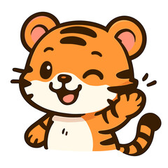 cute tiger cartoon happily winks and waves