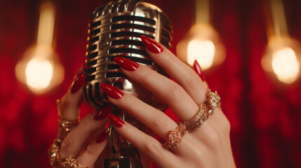 Close-up of elegant female hands with shiny red gel nails, adorned with diamond rings, holding a vintage microphone on a stage with red velvet and golden lights