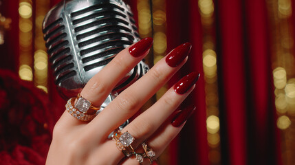 Close-up of elegant female hands with shiny red gel nails, adorned with diamond rings, holding a vintage microphone on a stage with red velvet and golden lights