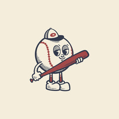 Groovy baseball sport ball character in retro cartoon. Mascot, vector, icon, colection, sticker, vintage, illustration, set, funny, logo, comic
