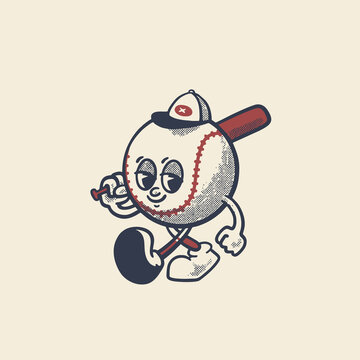 Groovy baseball sport ball character in retro cartoon. Mascot, vector, icon, colection, sticker, vintage, illustration, set, funny, logo, comic