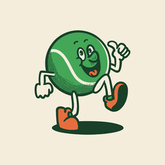 Groovy Tennis sport ball character in retro cartoon. Mascot, vector, icon, colection, sticker, vintage, illustration, set, funny, logo, comic