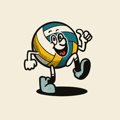 Groovy volley ball sport character in retro cartoon. Mascot, vector, collection, sticker, icon, vintage, illustration, set, funny, comic, logo
