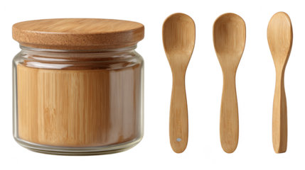 Rustic kitchen essentials, wooden spoons in a jar and single wooden spoon on display.