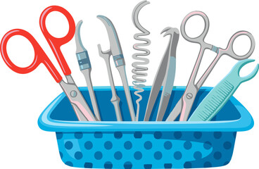 Assortment of Surgical Instruments in a Blue Polka-Dot Tray, Ready for Use.