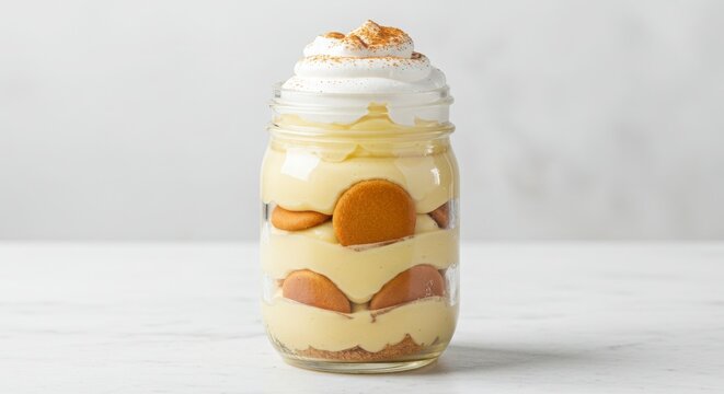 banana pudding parfait in mason jar isolated for food photography and culinary presentations