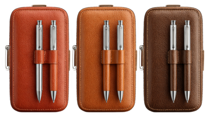 Exquisite leather pen case with three unique pens, perfect for professionals and enthusiasts.