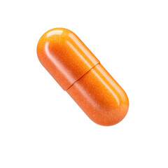 Close up of a shiny amber colored capsule or pill floating against a simple white backdrop showcasing its smooth reflective surface