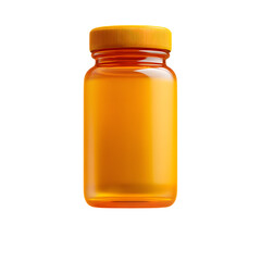 A close up image of an amber glass bottle filled with a bright orange liquid potentially containing pills or nutritional supplements