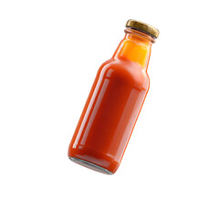 Close up of a glass bottle filled with a vibrant red barbecue sauce against a plain white backdrop for a minimalist studio style product shot