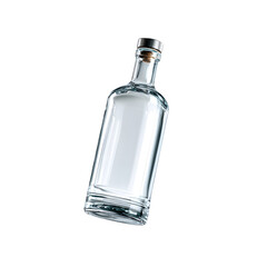 A sleek transparent glass gin bottle floating in a minimalist studio setting against a bright white background