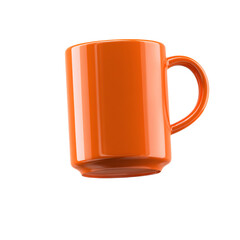 A vibrant glossy orange ceramic mug floating against a clean bright white background showcasing the simple elegant design and smooth material texture