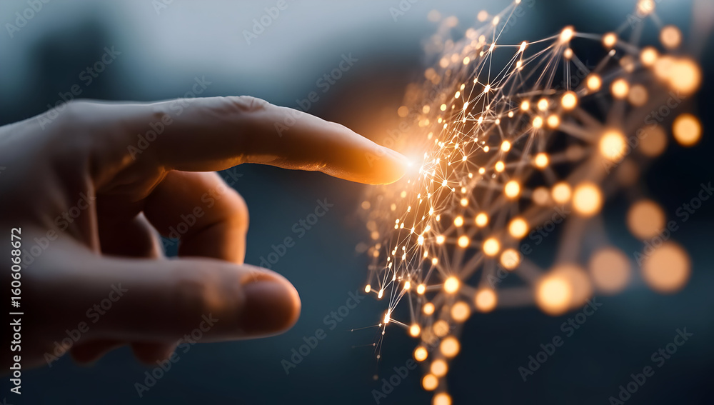 Poster a close-up of a hand reaching towards a glowing digital network, symbolizing connection and innovati