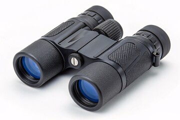 Close up of black binoculars for birdwatching nature viewing and outdoor adventures with optical lens focus