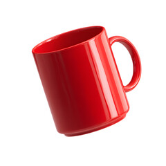 A vibrant red glossy ceramic mug floating and levitating mid air against a clean white background in a mockup scene