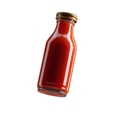 A transparent glass bottle filled with vibrant red tomato ketchup floating in mid air against a clean white backdrop