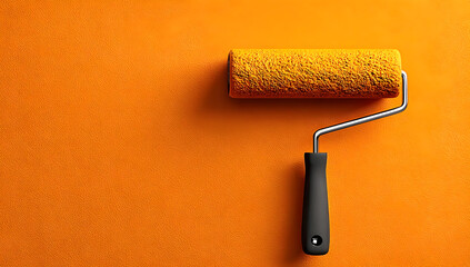 Obraz premium A close-up image of a paint roller with a black handle on a vibrant orange backdrop, perfect for design and DIY related projects.