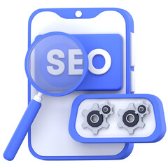3D illustration representing SEO with a smartphone interface, magnifying glass over the word “SEO,” and gear icons below, symbolizing search engine optimization and technical tuning.