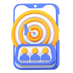 3D illustration of a target audience concept, showing a smartphone with a bullseye dartboard and user icons, symbolizing precision marketing and customer targeting in digital strategy.