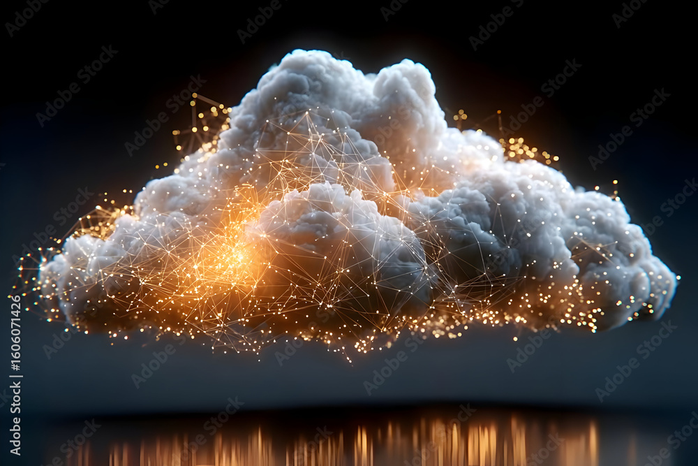Poster a digitally created cloud interwoven with glowing lines and sparks, representing data connectivity a