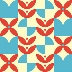 A vibrant, seamless geometric pattern featuring stylized red flowers and blue shapes on a pale yellow background, creating a retro tiled effect.