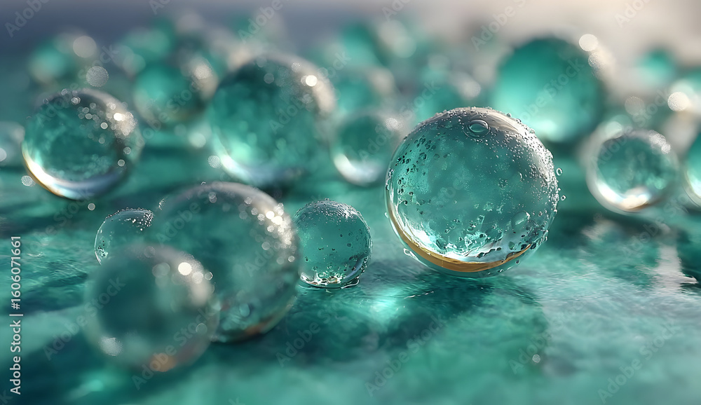 Poster a close-up view of translucent teal bubbles resting on a reflective surface, showcasing intricate de