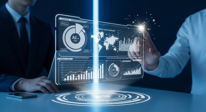 Two professionals interact with a futuristic holographic display showcasing data analytics and global information, symbolizing digital transformation and advanced technology.