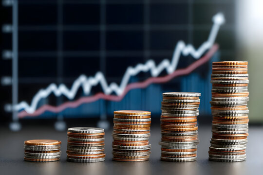 A close-up view of stacked coins with a rising graph in the background, symbolizing financial growth and investment strategy in the business world.