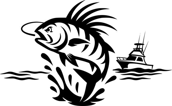 Leaping Roosterfish Logo &ndash; Bold Black and White Splash-Style Vector for Coastal Fishing Charters