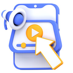 3D illustration representing video marketing with a smartphone interface featuring a play button, slider, megaphone, and cursor click icon, symbolizing digital video promotion and engagement