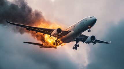 Hyper-realistic scene of a commercial airplane plummeting from the sky with one engine on fire, surrounded by dramatic clouds and intense atmosphere, capturing emergency, danger,and crisis in aviation