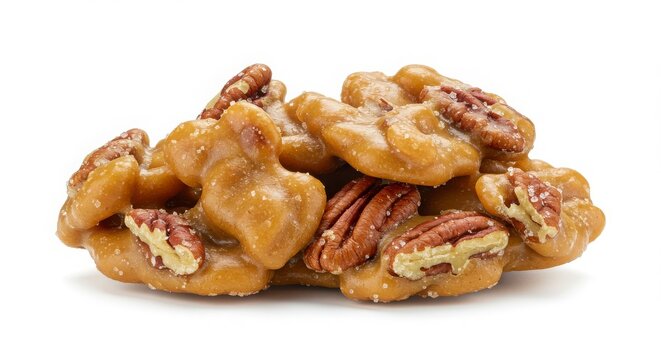 Isolated southern pecan praline candy cluster on a white background for culinary and dessert related imagery