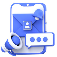 3D illustration of email marketing concept with a smartphone displaying an envelope, notification bell, chat bubble, and megaphone