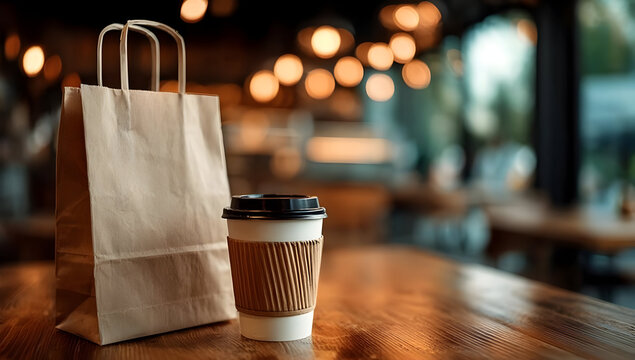 A cozy coffee shop scene featuring a takeaway coffee cup and a paper bag, perfect for illustrating leisure moments or on-the-go lifestyles.