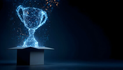 A digital trophy emerging from a box, symbolizing achievement and success in a modern, innovative context. Perfect for awards and recognition themes.