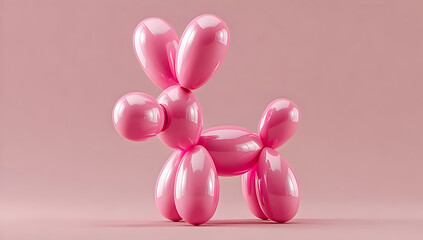 A cheerful pink balloon animal resembling a dog stands against a soft pink background, symbolizing joy and childhood nostalgia.