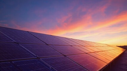 Long solar panel array stretching under a vibrant colorful sky during sunset, highlighting renewable energy power generation and environmental sustainability in modern clean technology solutions