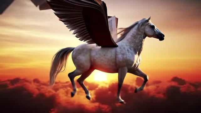 Majestic white winged horse taking flight against a dramatic sunset. A mythical steed soaring above the clouds, representing fantasy and freedom.